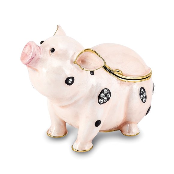 Pewter Bejeweled Crystals Enameled PETUNIA Spotted Pig Trinket Box - Picture 1 of 8